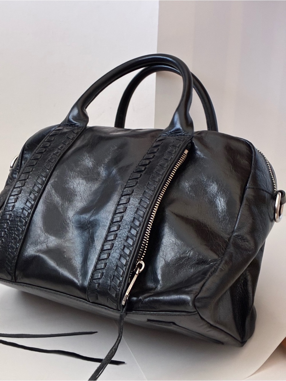 Rebecca Minkoff Black Leather Vanity Zip Satchel Top Handle Bag